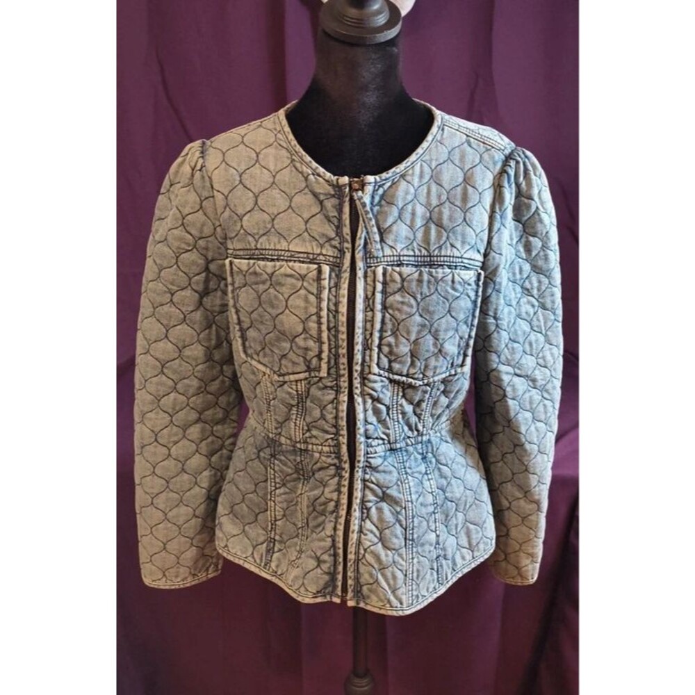 Democracy Women's Size S Quilted Denim Jacket Full Zip Puff Sleeve Acid Wash
